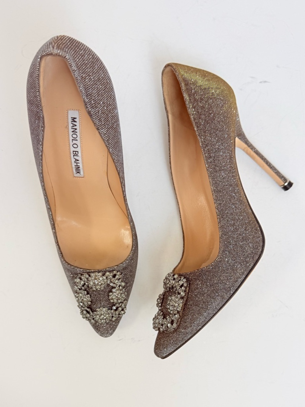 Manolo Blahnik Hangisi Dark Gold Glitter Crystal Buckle Pumps 105mm Heels EU 40